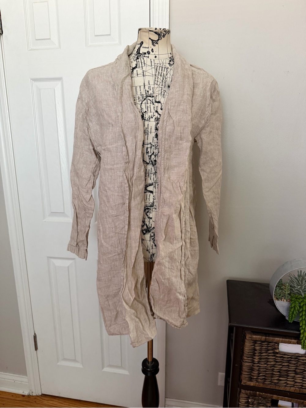Tahari Linen Tunic Light Beige Open-Front Duster Jacket coat lightweight M Tan